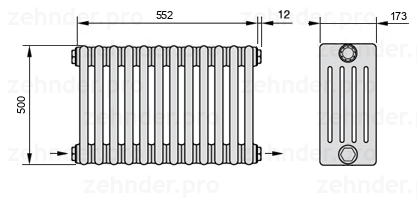 Схема (чертеж) Радиатор Zehnder Charleston 5050/12 №2670 Белый глянцевый RAL 9016